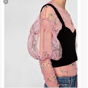 Zara Pink Ballon Long Sleeve Floral Sheer Top Size Medium